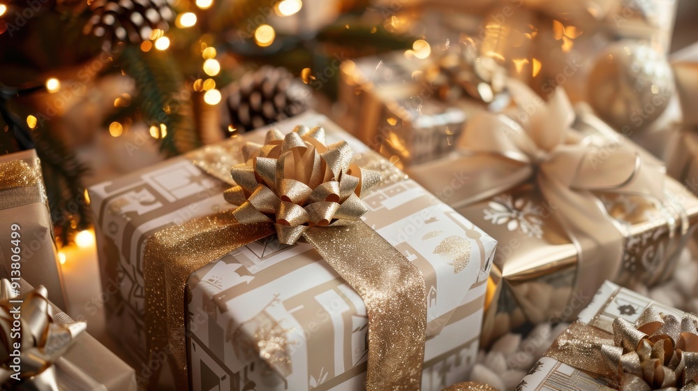 Poster a close-up image of a pile of wrapped gifts with gold ribbon and bows. the gifts are arranged under 