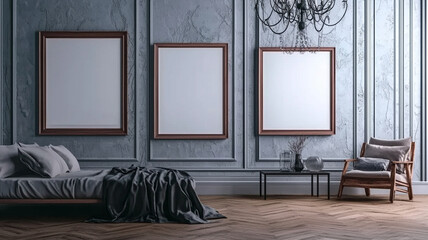 Elegant bedroom showing copy space on three frames hanging above a bed