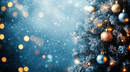 Fototapeta premium Vibrant Christmas Tree with Colorful Decorations on Blue Bokeh Background, Perfect for Holiday Cards, Banners, or New Year Party Posters