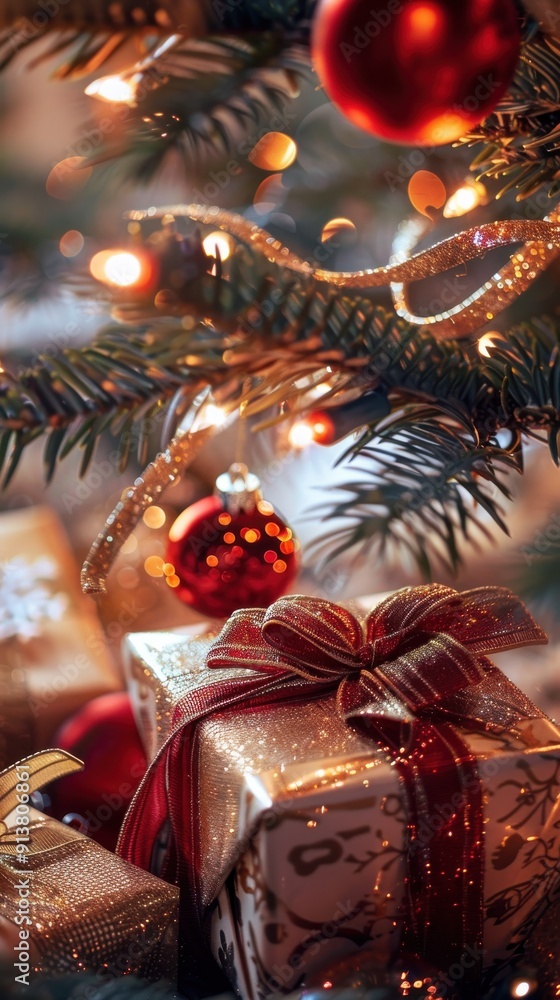 Poster a close-up image of a wrapped gift sitting underneath a christmas tree, decorated with red ornaments