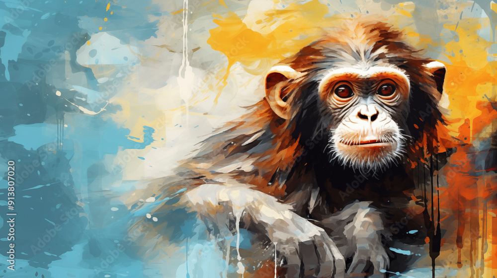 Sticker abstract artistic background with a monkey, in oil paint type design