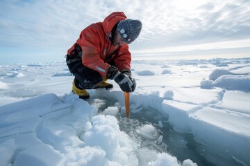 Arctic Researcher Measuring Sea Ice Thickness in Snowy Polar Landscape for Climate Study