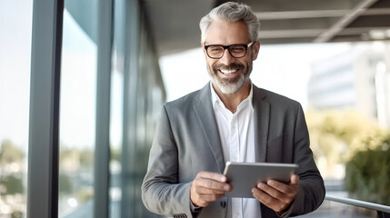 Fototapeta premium A smiling businessman in his forties holding an iPad, dressed smartly and wearing glasses with gray hair, stands on the balcony of a modern office space.