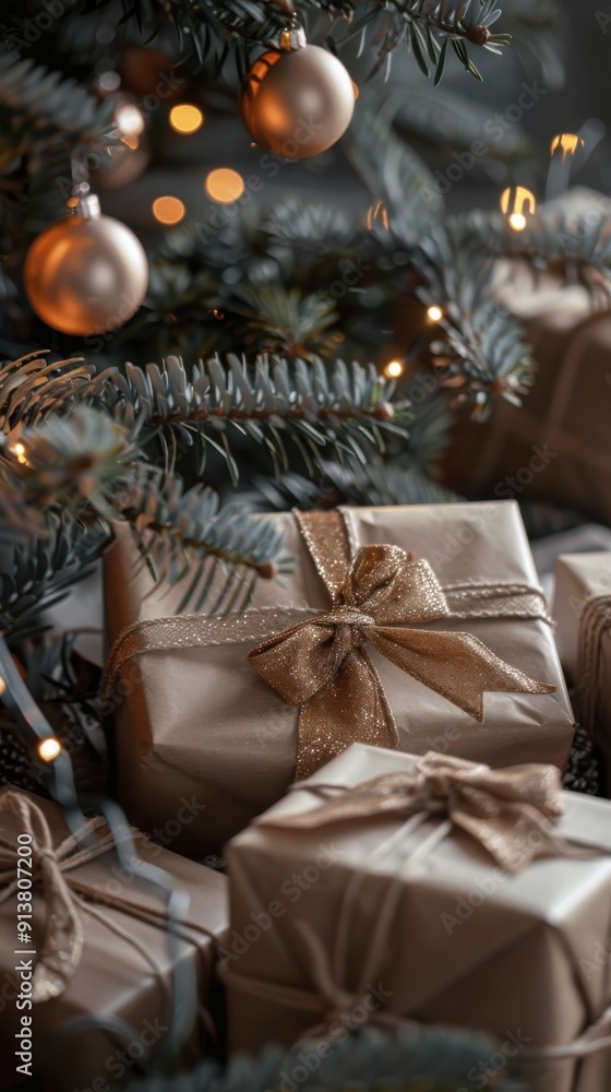 Aufkleber A close-up image shows several presents wrapped in brown paper and tied with twine or gold ribbon under a Christmas tree. The tree is decorated with gold ornaments and string lights.
