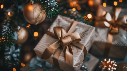 A close-up of a gift wrapped in brown paper with a gold bow, sitting under a Christmas tree with ornaments and lights. The image is taken from a low angle, with the focus on the gift.