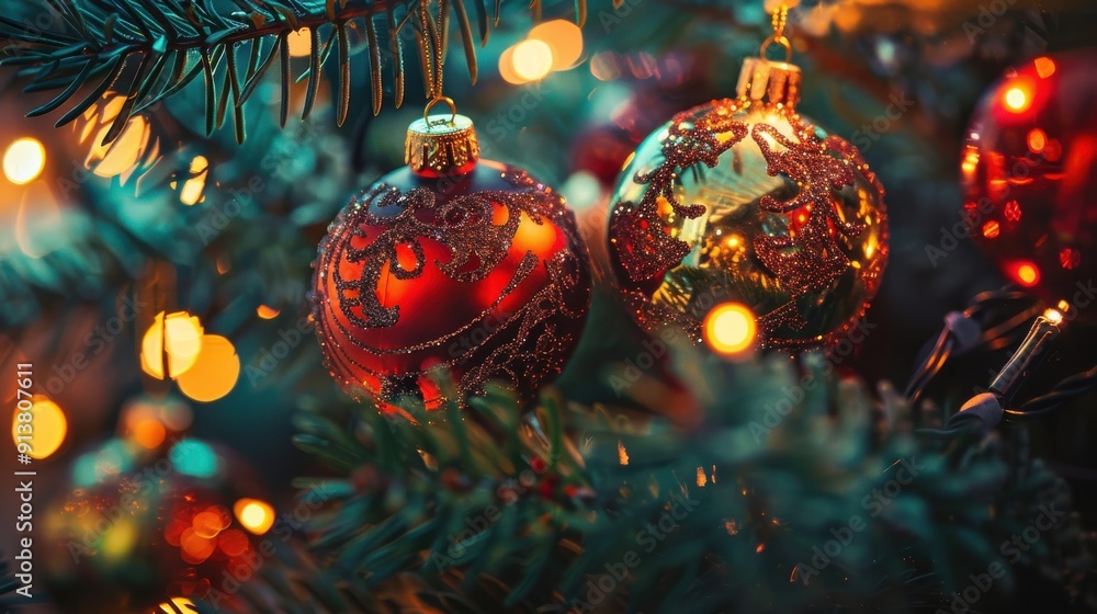 Poster a red and a gold christmas ornament hang from a decorated christmas tree. the ornaments are covered 