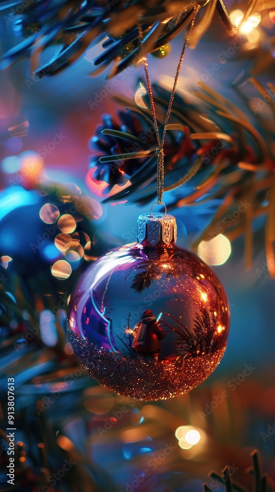 Poster a close-up image of a shiny purple christmas ornament hanging on a christmas tree. the ornament is r