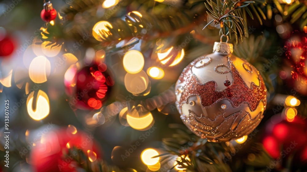 Poster A close-up view of a silver Christmas tree ornament with gold glitter and a red design hanging from a Christmas tree with red and gold ornaments and string lights.