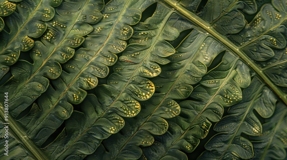 Poster a close-up photograph captures the intricate details of a fern frond. the image highlights the deep 