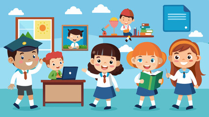 school kids student vector characters vector art illustration