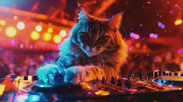DJ cat rocks the turntables against a backdrop of vibrant neon lights. This quirky and entertaining scene combines feline charm with energetic party vibes, creating a fun and lively atmosphere