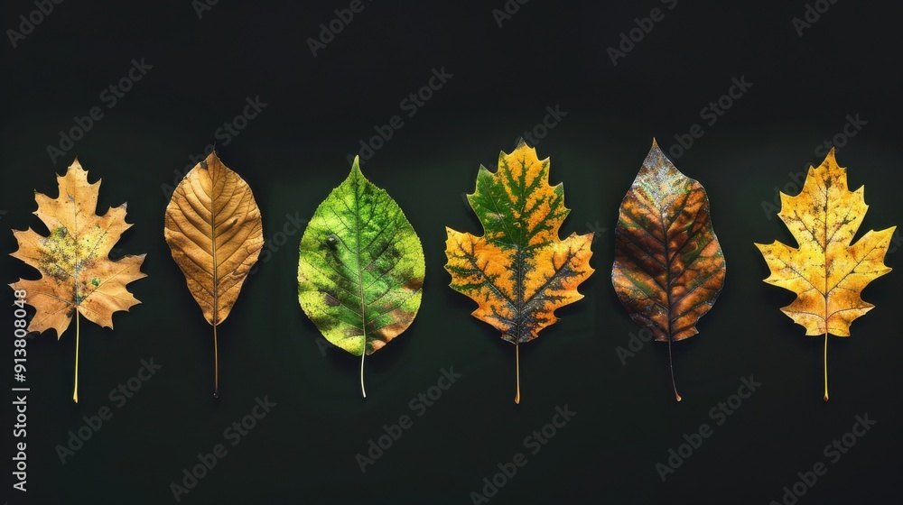 Aufkleber six leaves, each a different shade of autumn color, are arranged in a row against a black background