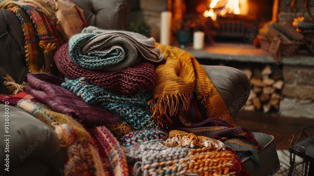 Poster a pile of colorful knitted blankets and throws are arranged on a grey couch in front of a fireplace.