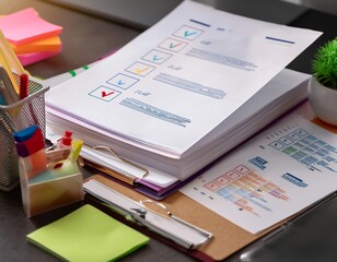 Order and organization featuring elements like organized documents, neatly arranged items, and checklist symbols representing systematic arrangement, management, and efficiency.