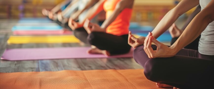 A group of people in a yoga class sitting in meditation pose on colorful mats Wide web banner