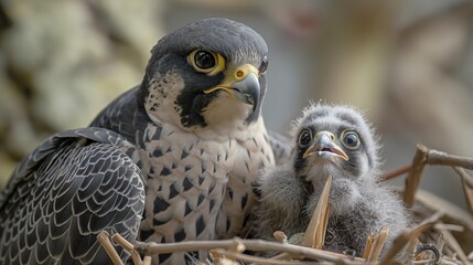 A mother falcon watches protectively over her chick in their nest among the treetops.
