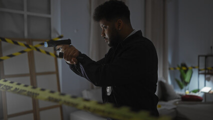 African american detective with firearm searches crime scene indoors while gathering evidence.