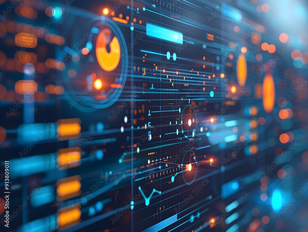 Poster abstract digital matrix with futuristic interface elements, representing technology, data flow, and 