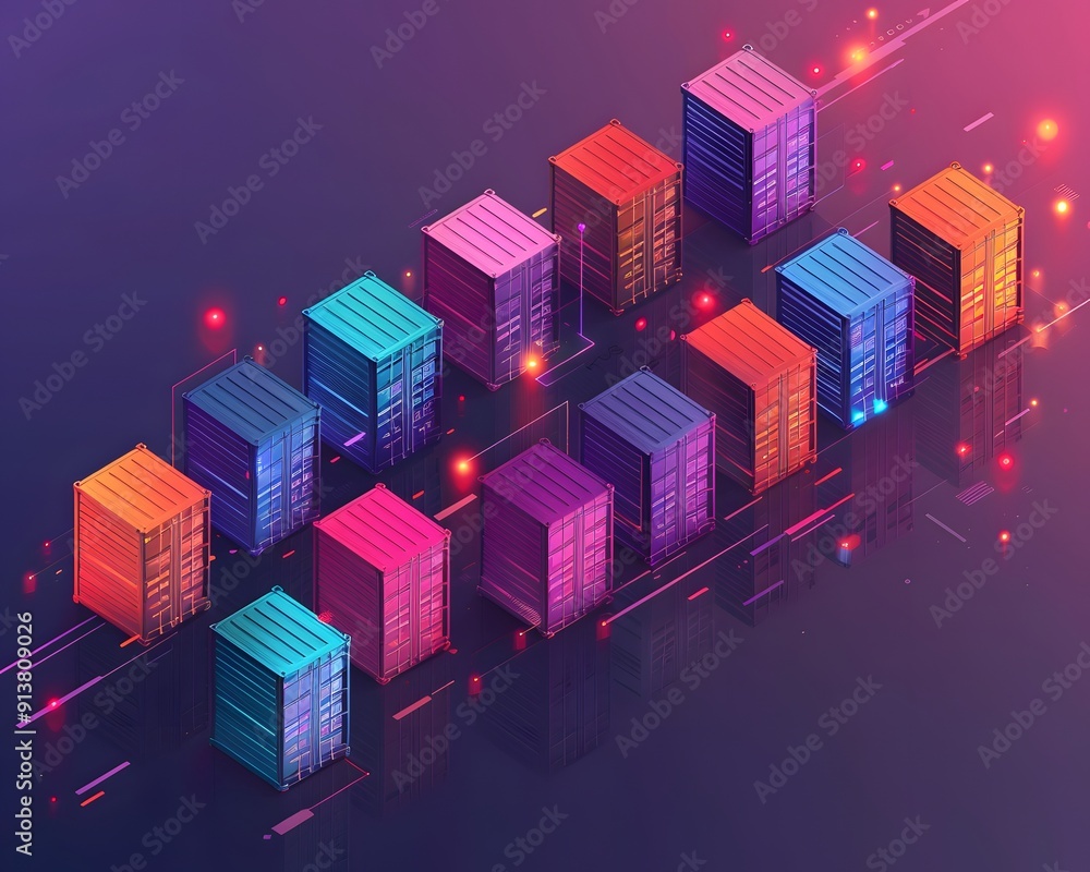 Poster abstract futuristic data center with colorful server racks glowing in neon lights. digital technolog