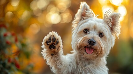 A joyful Westie dog raises its paw in a playful greeting, with a warm, golden backdrop enhancing...