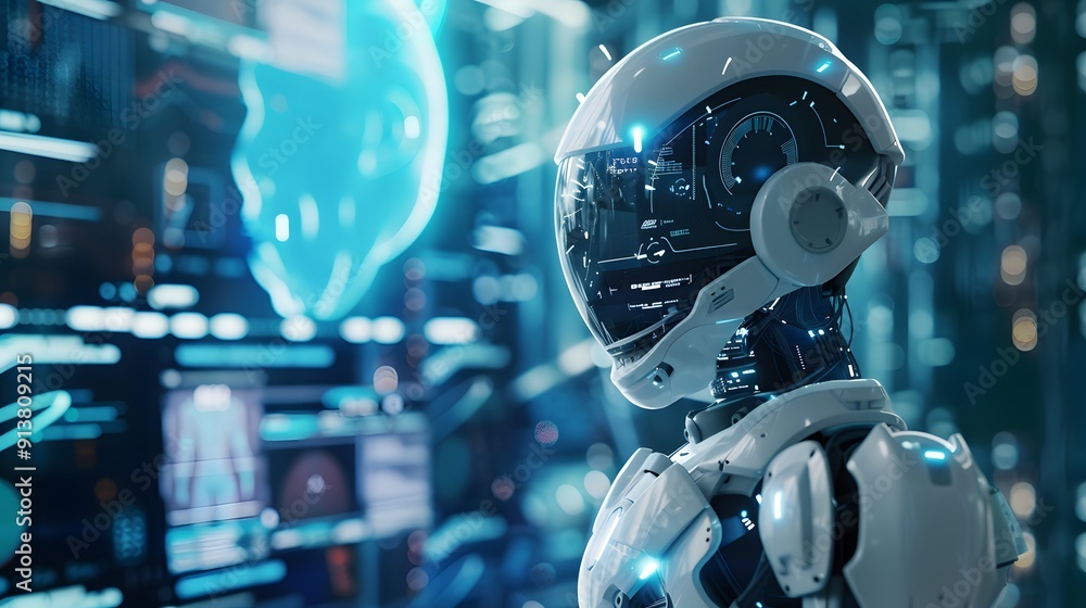 Poster advanced humanoid robot in futuristic setting with digital interface. concept of ai and technology p