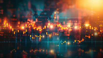 A digital infographic with a globe, graphs, and statistical data representing global financial trends