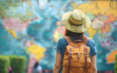 Back view of traveler with backpack and hat looking at a world map mural, symbolizing exploration, adventure, and wanderlust.