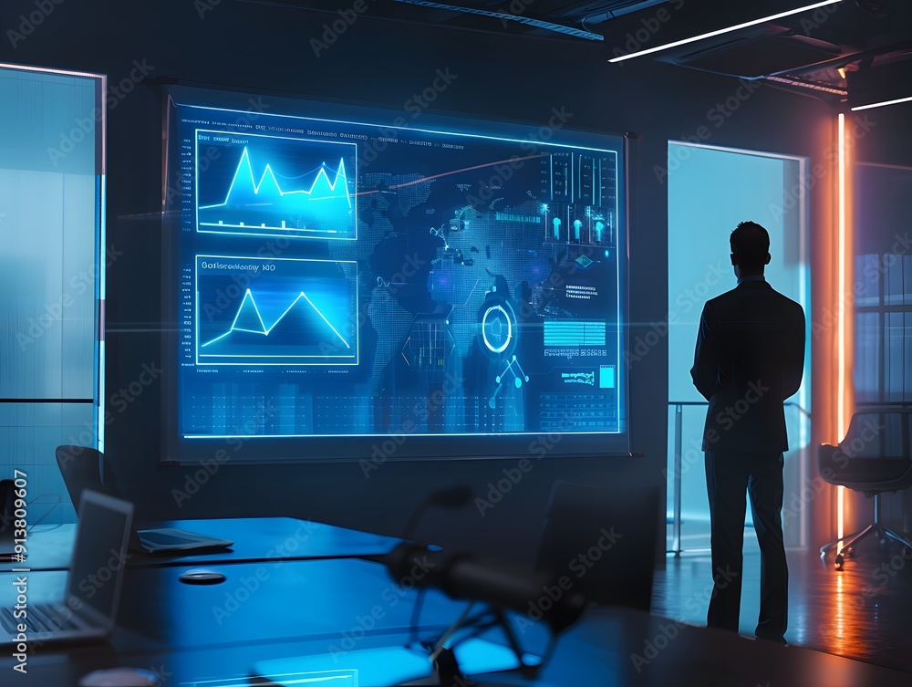 Poster businessman analyzing data and charts on futuristic digital screen in modern office, representing hi