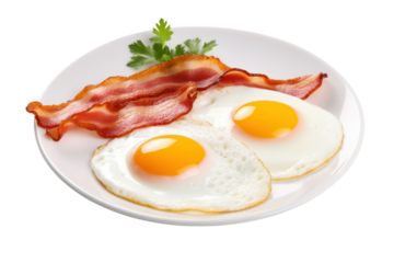 Delicious fried eggs with crispy bacon isolated on white background.