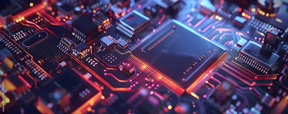 Poster close-up of a futuristic circuit board with glowing components and intricate electronic pathways, re