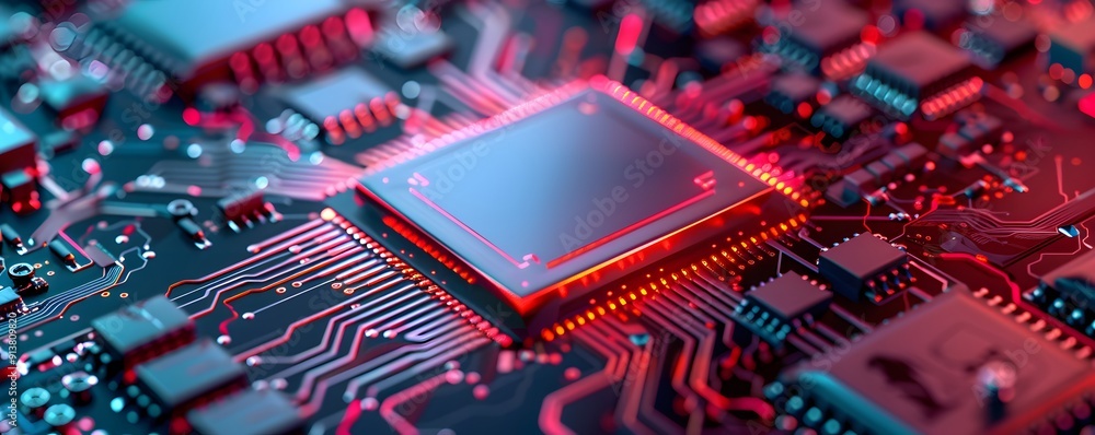 Poster close-up of a microchip on a colorful circuit board, representing modern technology and electronic c