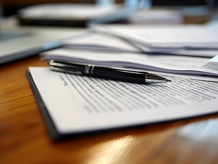 Close-up of a pen resting on top of a stack of documents on a wooden desk, conveying an office or business environment.