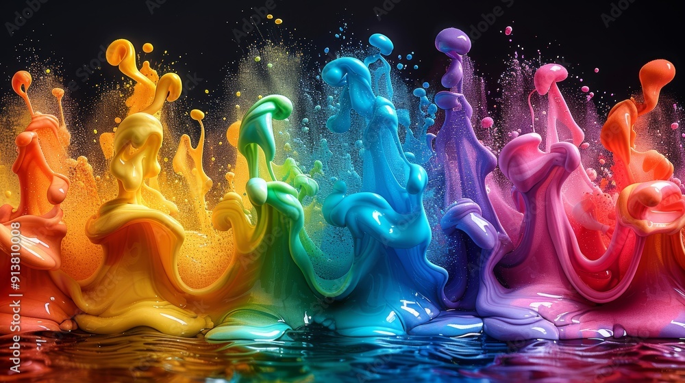 Poster vibrant rainbow paint splashes create abstract waves in colorful display