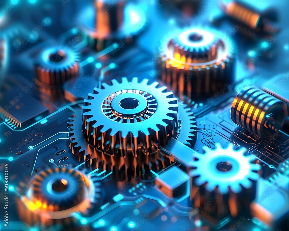Poster close-up of interconnected gears on a circuit board, symbolizing technology and mechanical engineeri
