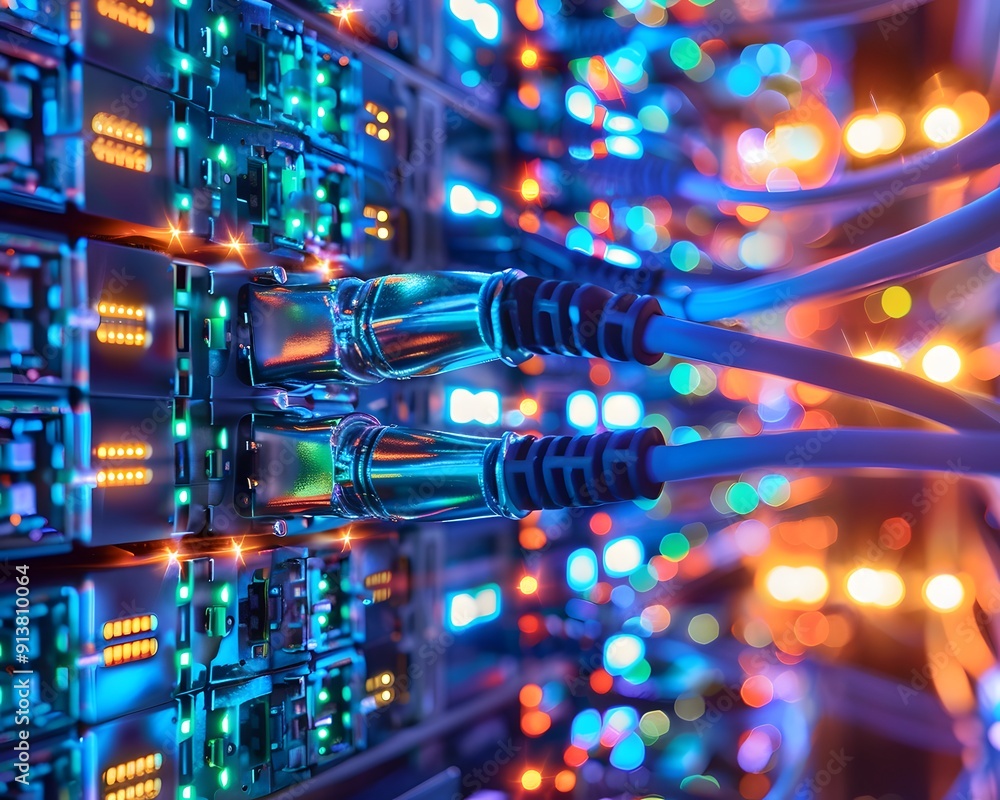 Poster close-up of network cables connected to server with glowing lights in a data center, representing hi