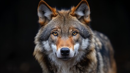 Fototapeta premium Intense eyes of a wolf pierce through the shadows, encapsulating the essence of the wild.