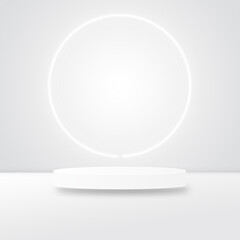circle podium and circle neon light for display on white room and gradient background