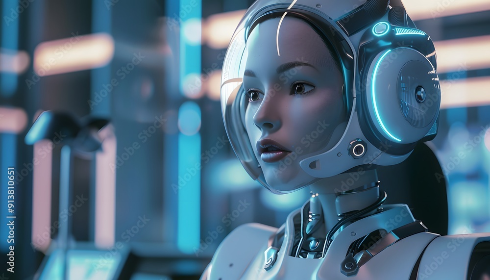 Poster a futuristic female robot with advanced ai technology in a high-tech environment, showcasing modern 