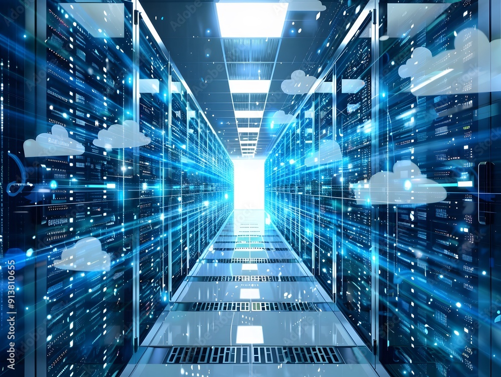 Poster a futuristic data center with servers and glowing lines representing data transfer, showcasing cloud