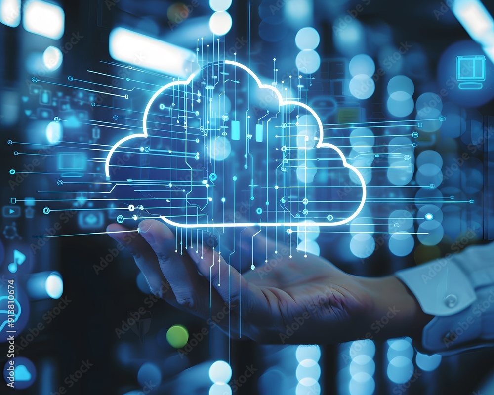 Poster a hand holding a digital cloud icon with data and technology symbols, representing cloud computing, 