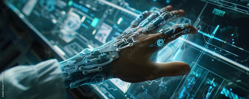 Poster a high-tech robotic hand interface displays futuristic technology in a digital and innovative enviro