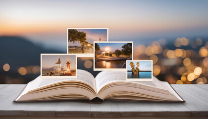 Photo album and memories, featuring symbols like an open album, photographs, and nostalgic moments symbolizing cherished memories, family history, and personal milestones. 