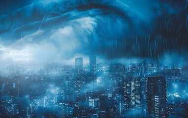 Fototapeta premium A futuristic cityscape enveloped in a dramatic, blue-hued storm with towering buildings and an epic, ominous sky.