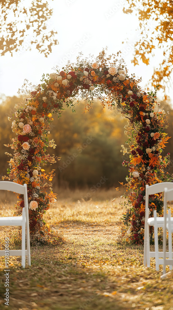 Poster Elegant Autumn Wedding Setup with Floral Arch and Afternoon Light  