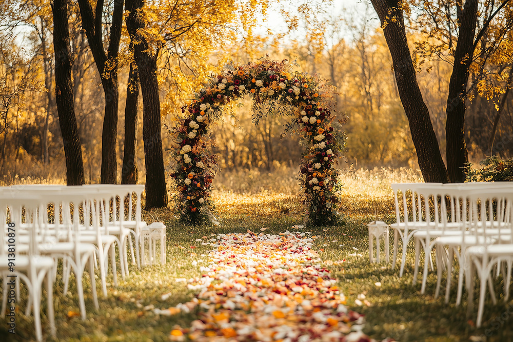 Sticker Elegant Autumn Wedding Setup with Floral Arch and Afternoon Light  