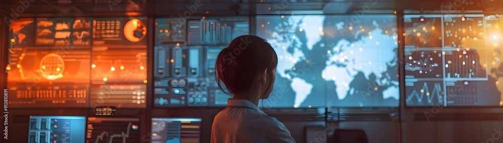 Poster a person analyzing data on multiple screens in a high-tech control room with a world map and digital