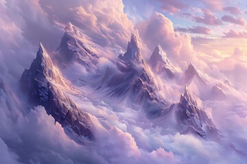 A surreal mountain range with floating peaks, mystical and awe-inspiring, misty clouds swirling around, soft pastel colors, a sense of tranquility and wonder