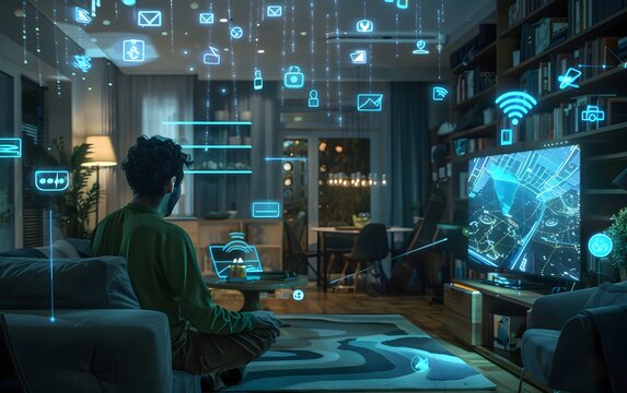 A person using multiple smart devices in a connected home with digital holograms representing various technology and network applications.
