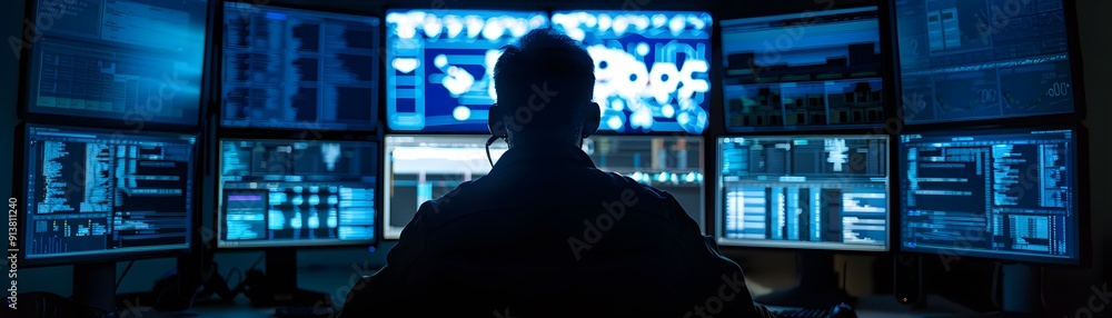 Poster a silhouette of a person working on multiple computer screens with data visualizations in a dark, hi