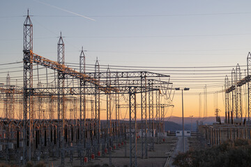 Hydroelectric power plant infrastructure in Spain at sunset